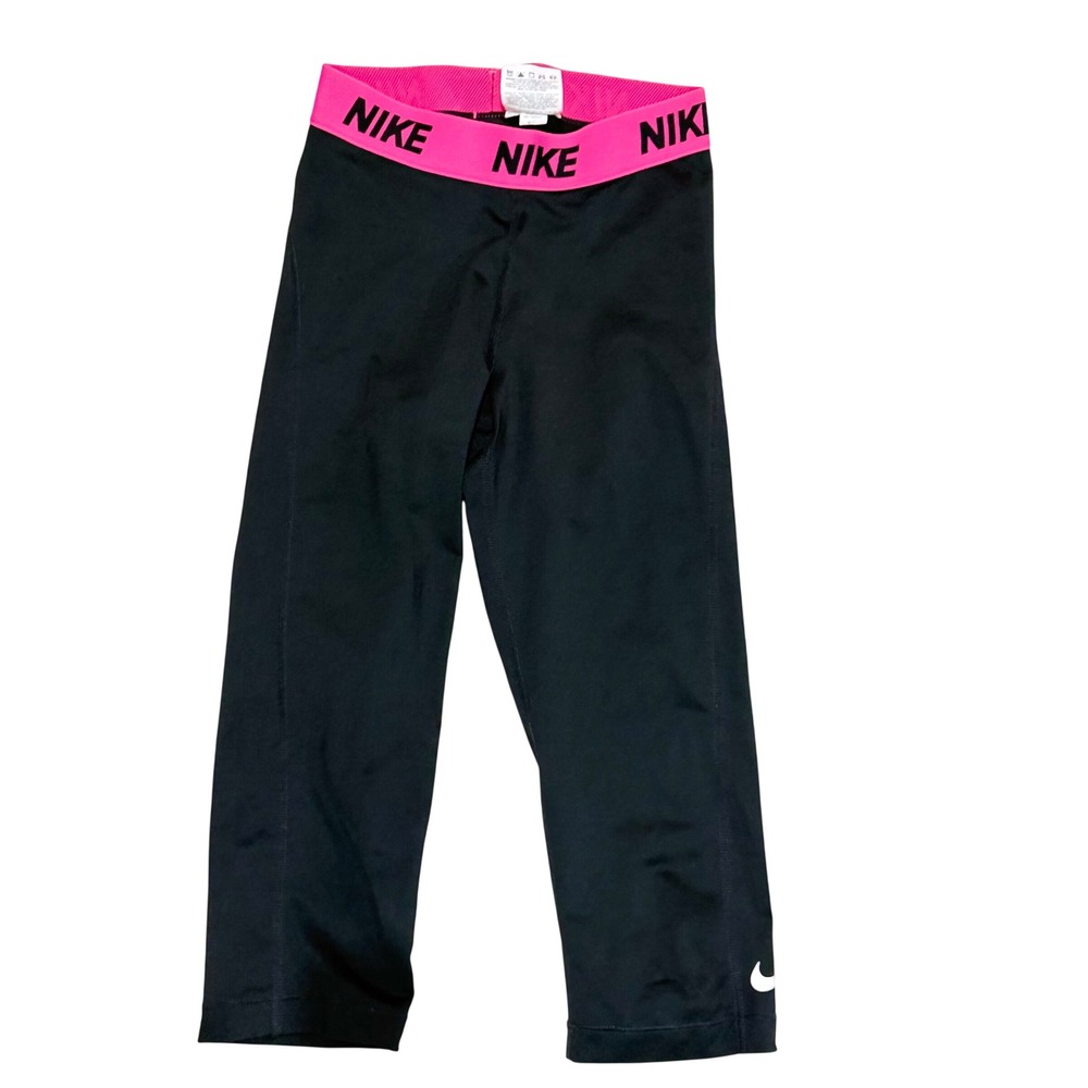 Nike Pro Capri Leggings Girls XS Black Pink Polyester Training Tights Activewear